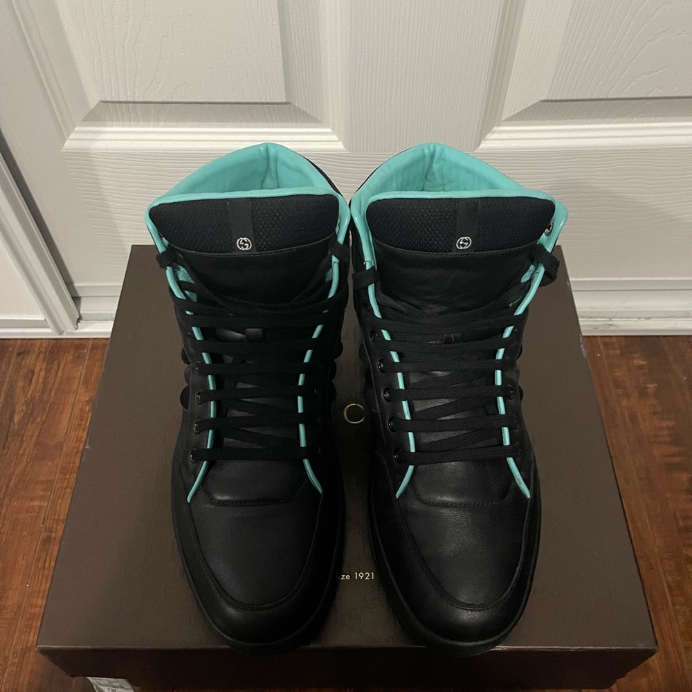 Authentic Gucci Ronnie Leather Hi Black/Turquoise Mens Padded Trainers US 9